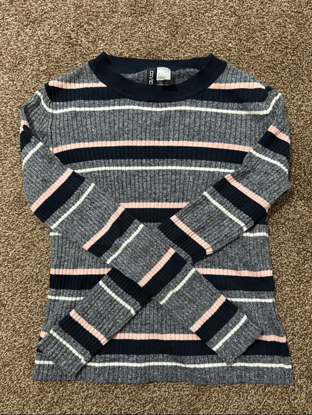 H&M Ribbed Crewneck Sweater in Gray, Navy, Soft Pink & White